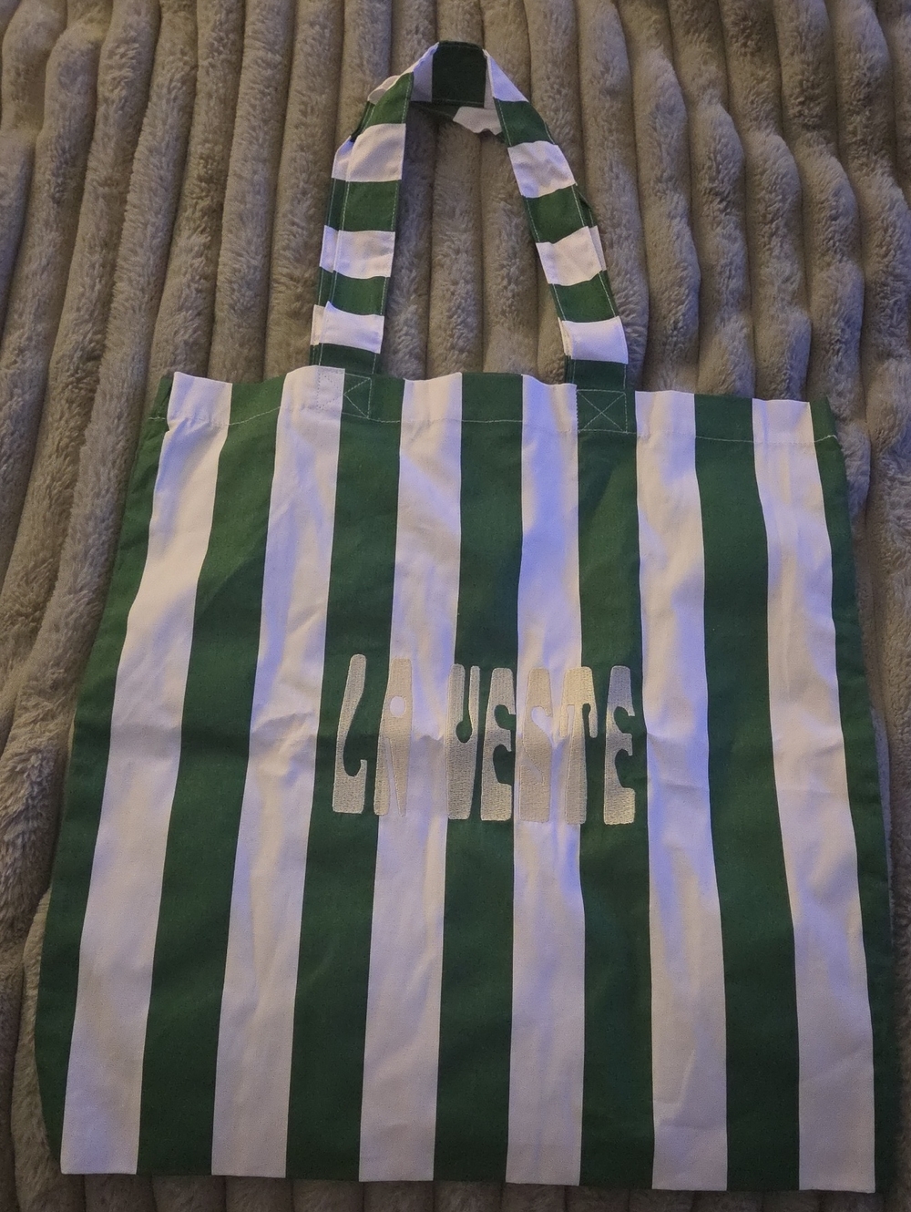 Green and White Striped Canvas Tote with Graphic Text
